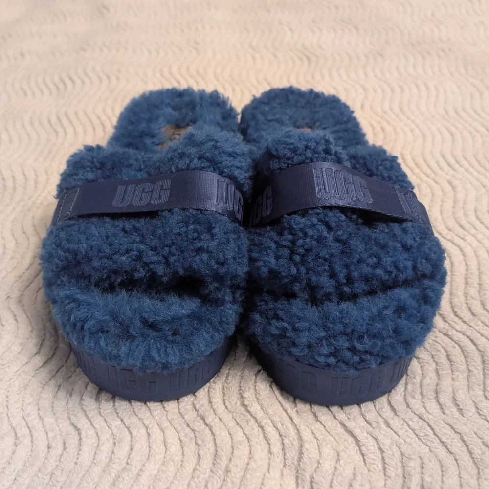 UGG Navy Blue Fluff Slide Platform Sandals